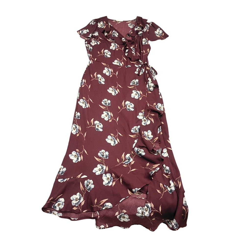 Maurices Wrap Maxi Dress Womens XL Burgundy Floral Ruffle High Low Wedding Guest